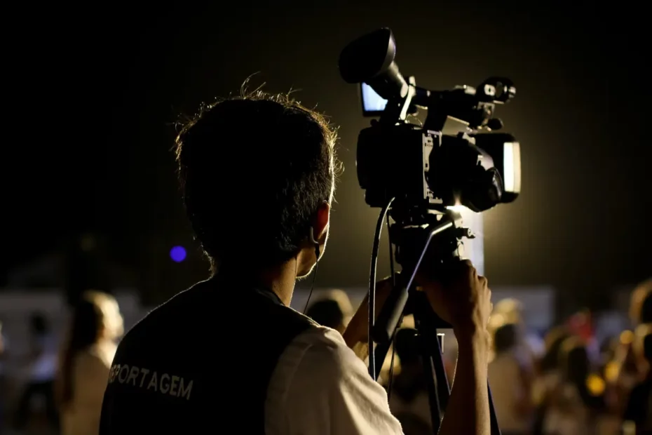 TV camera operator filming concert crowd