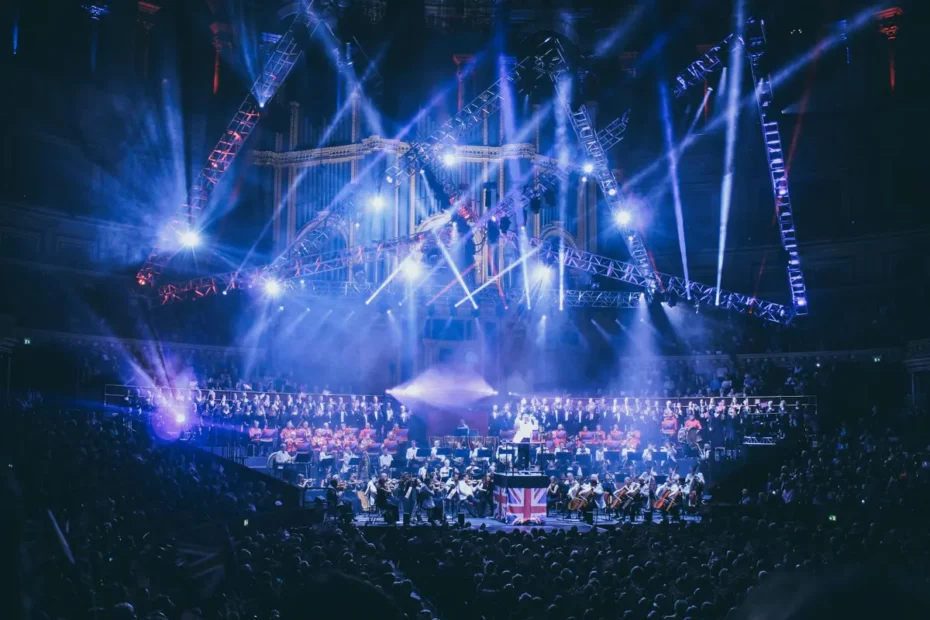 large concert hall with orchestra on stage