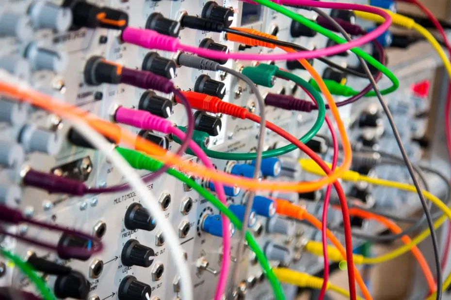 coloured cables plugged into back of amplifer circuit board