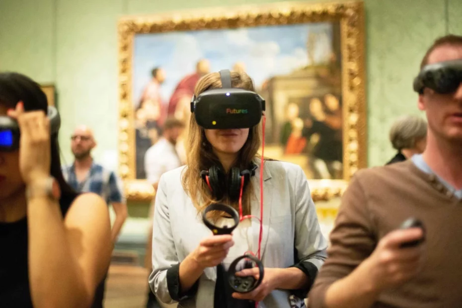 people in art gallery wearing VR headsets