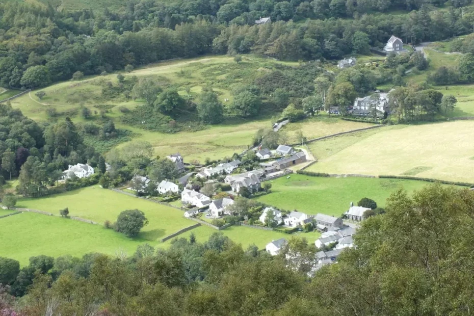 aerial shot of rural village set in green landscape
