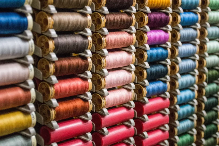 reels of cotton in wall rack