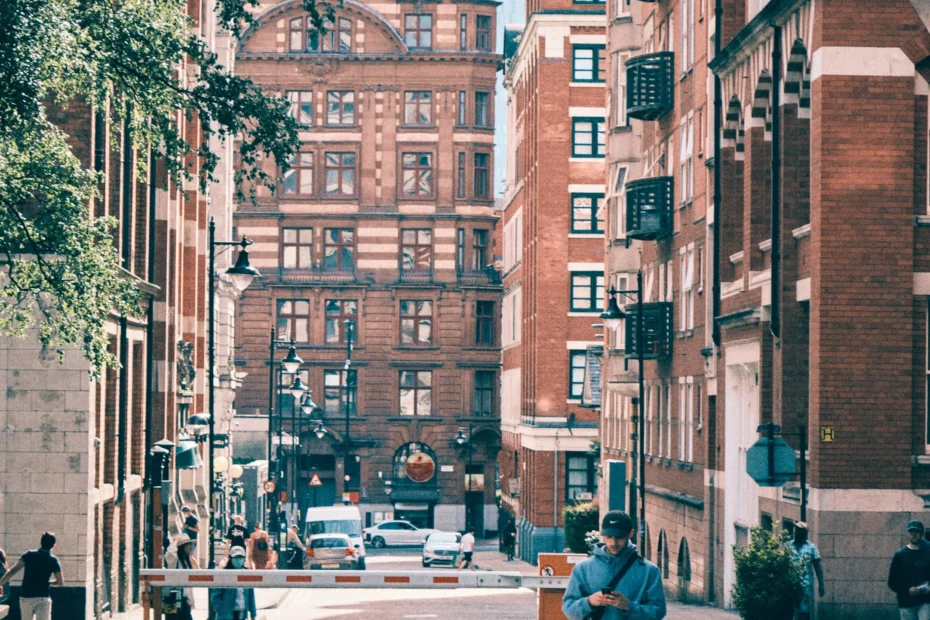 city street scene with red brick buidings