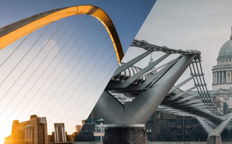 city montage of bridges in Newcastle and millennium foot bridge in London