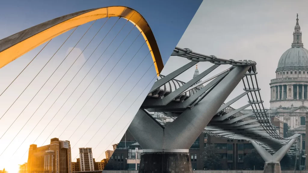 city montage of bridges in Newcastle and millennium foot bridge in London