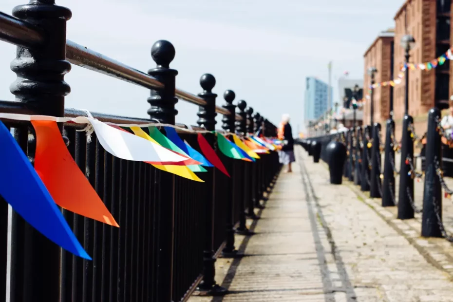 black iron railings with coloured bunting