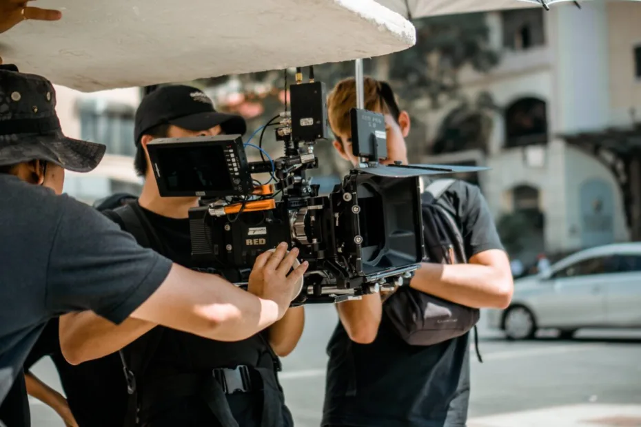 film crew filming in busy street