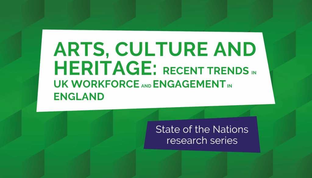 Green graphic with white shape and title for Arts culture and heritage 2