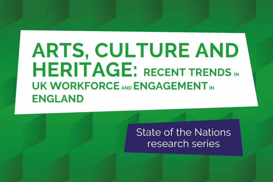 Green graphic with white shape and title for Arts culture and heritage 2