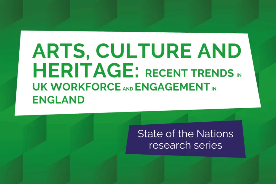 Green graphic with white shape and title for Arts culture and heritage 2
