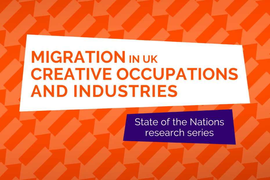 Orange graphic with title Migration in UK Creative Occupations and Industries