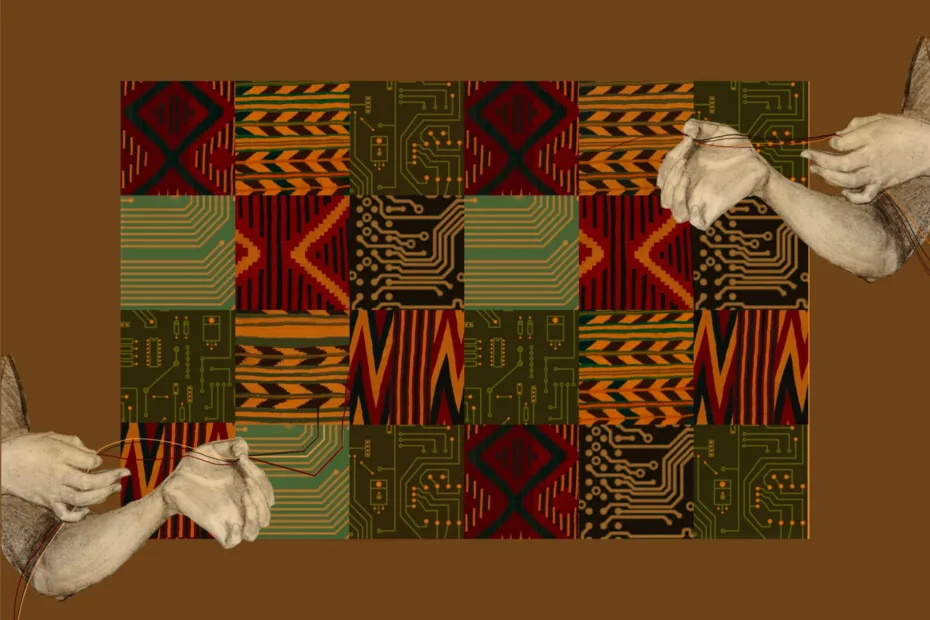 A collage that merges circuit board patterns with textile motifs in a grid-like background of alternating black, grey, and white. Two hand-drawn arms are on each side of the image, positioned as if gently pulling on thin, white strings that cross the image diagonally. The hands appear soft and somewhat translucent, contrasting with the rigid lines of the circuit board patterns behind them. The strings are woven through both the hands and the background, symbolising the connection between traditional weaving and modern technology. The overall colour palette features muted earth tones, including browns, beiges, and grays, creating a sense of both history and continuity between the natural and technological worlds..